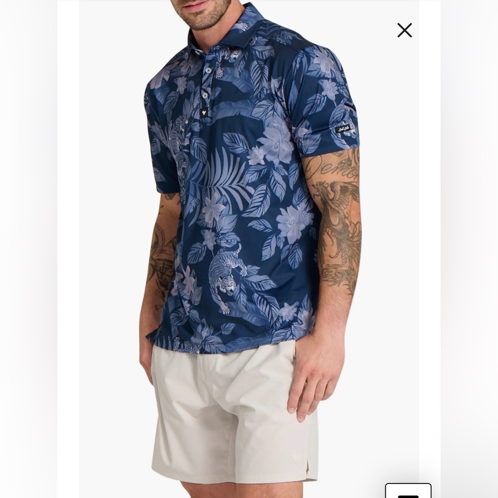 Bad Birdie Men’s Navy Blue Tiger Floral Performance Golf Polo Shirt | XL
